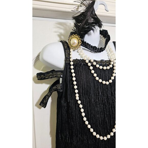 Girls Roaring 20s Flapper Costume 4-6 Dress Feather Headband Pearl Necklace 1920 - Picture 3 of 6